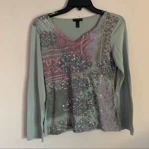 FANG Green Purple Sequin Patterned Long Sleeve Tee